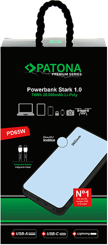 Powerbank Patona Stark 1.0 z 2 zintegrowanymi kablami ładującymi USB-C, Lightning/9991