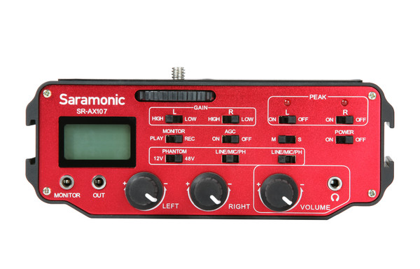 Adapter audio SARAMONIC SR-AX107 – XLR, 3.5mm in/ 3.5mm out, phantom, preamp, AGC